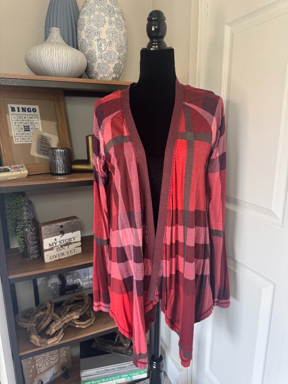 Burberry Reversible Burgundy Solid/Plaid Lightweight Knit Drape Cardigan - Size
